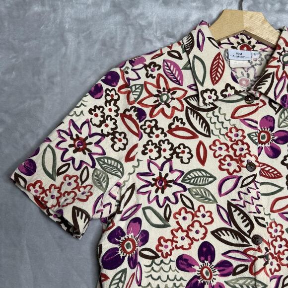 Hot Cotton Shirt Womens Large Cream Multicolor Floral Button Front Short Sleeve - Picture 3 of 11